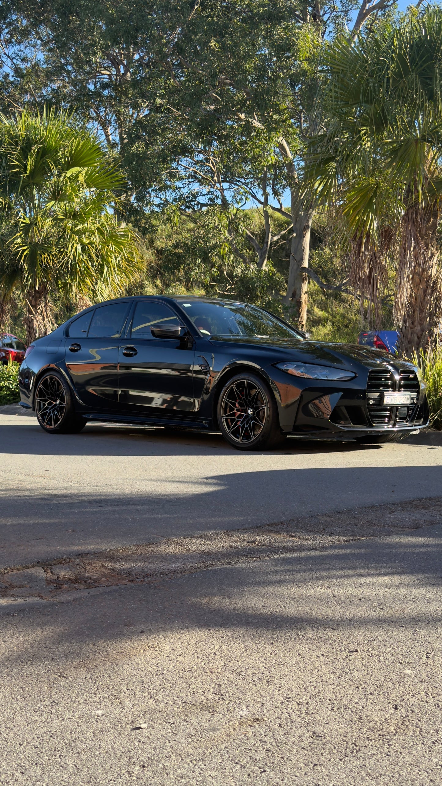 A black BMW sedan parked on an asphalt road outdoors, surrounded by trees and shrubs under daylight.